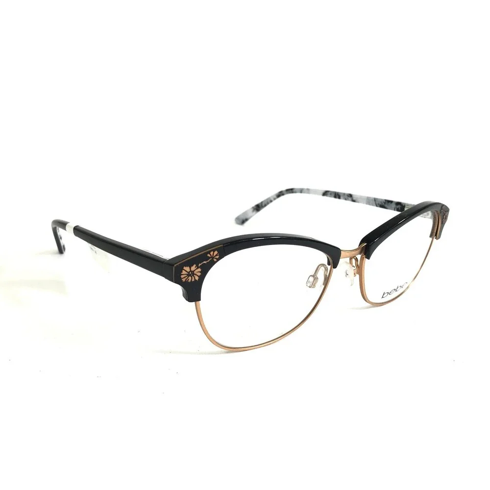 Bebe Eyeglasses Frames BB5162 001 Black White Gold Full Rim Floral 53-17-135